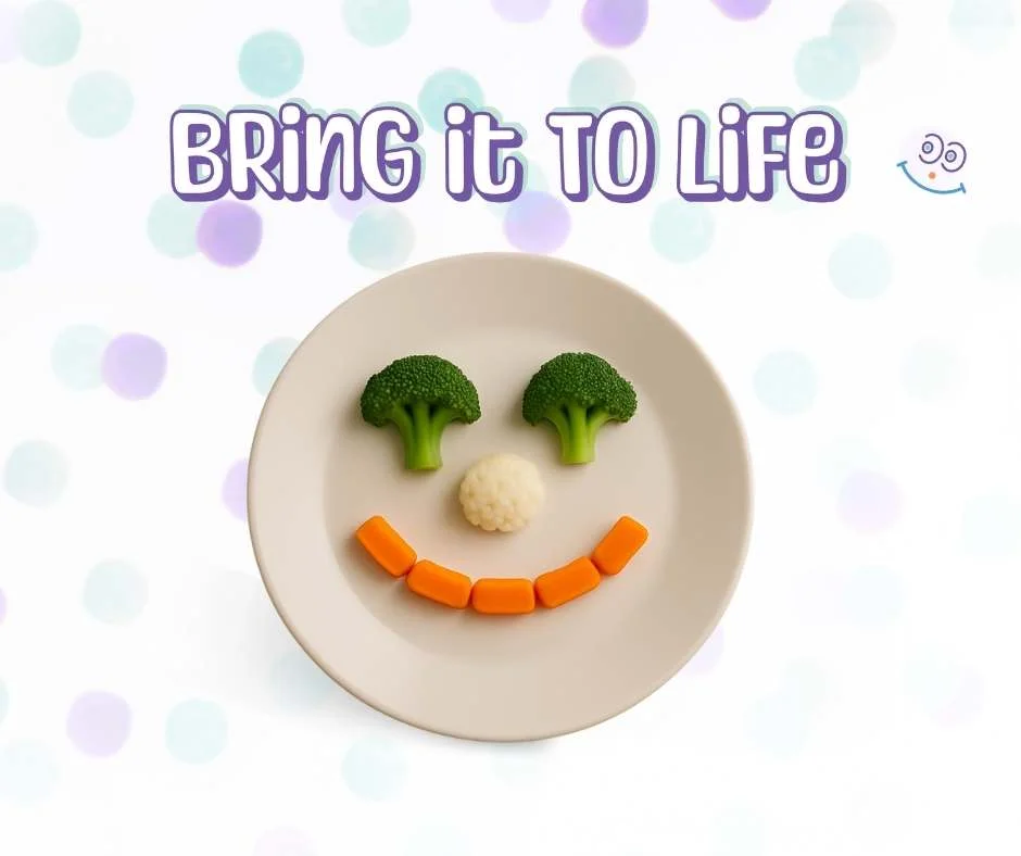 "Playful children's plate arrangement with broccoli eyes, cauliflower nose, and carrot smile, encouraging fun and creativity at mealtimes to help picky eaters enjoy vegetables.