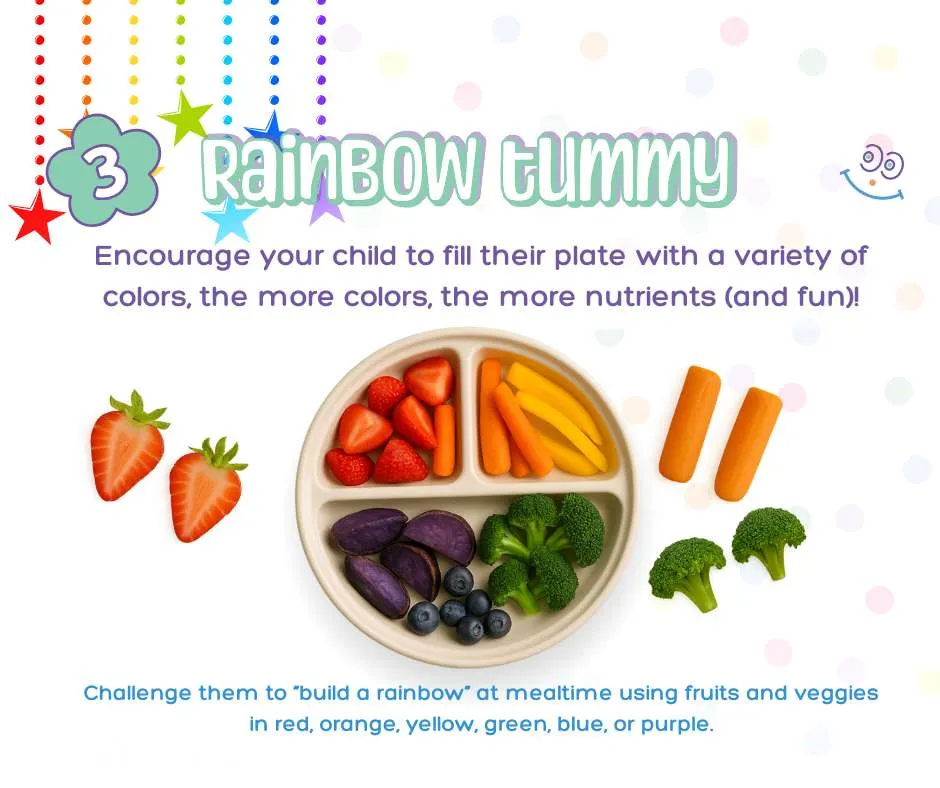 "Colorful children's plate with a rainbow arrangement of fruits and vegetables including strawberries, carrots, yellow peppers, broccoli, blueberries, and purple potatoes, promoting healthy eating through vibrant, nutritious meals.