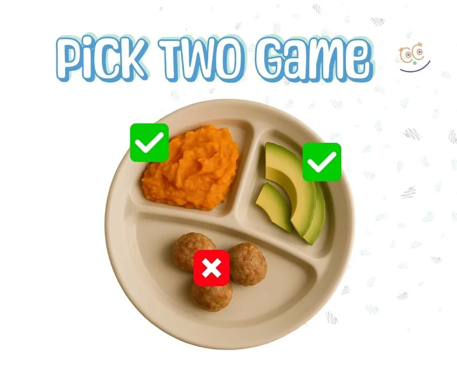 "Kid-friendly plate divided into three sections with avocado slices, sweet potato mash, and meatballs, illustrating the 'Pick Two' mealtime game to help children make healthy food choices.