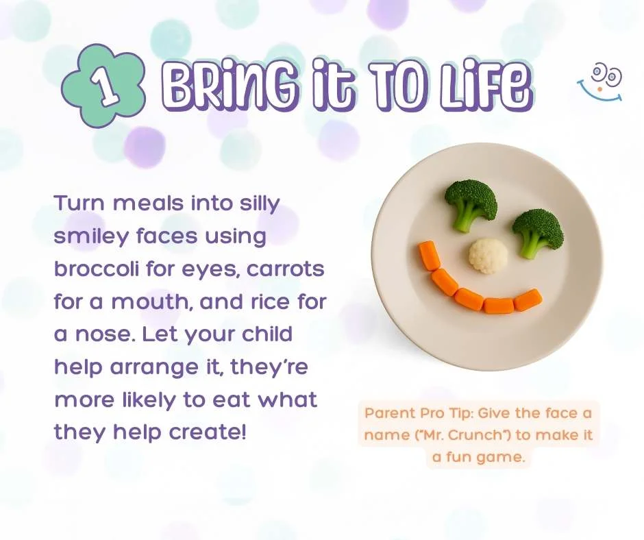 A fun children's meal with broccoli eyes, a rice nose, and carrot smile on a plate, demonstrating creative ways to encourage picky eaters by turning healthy food into playful smiley faces.