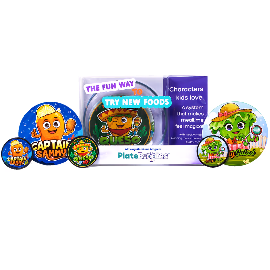 Plate Buddies promotional image featuring character mats and interactive kids plate system.