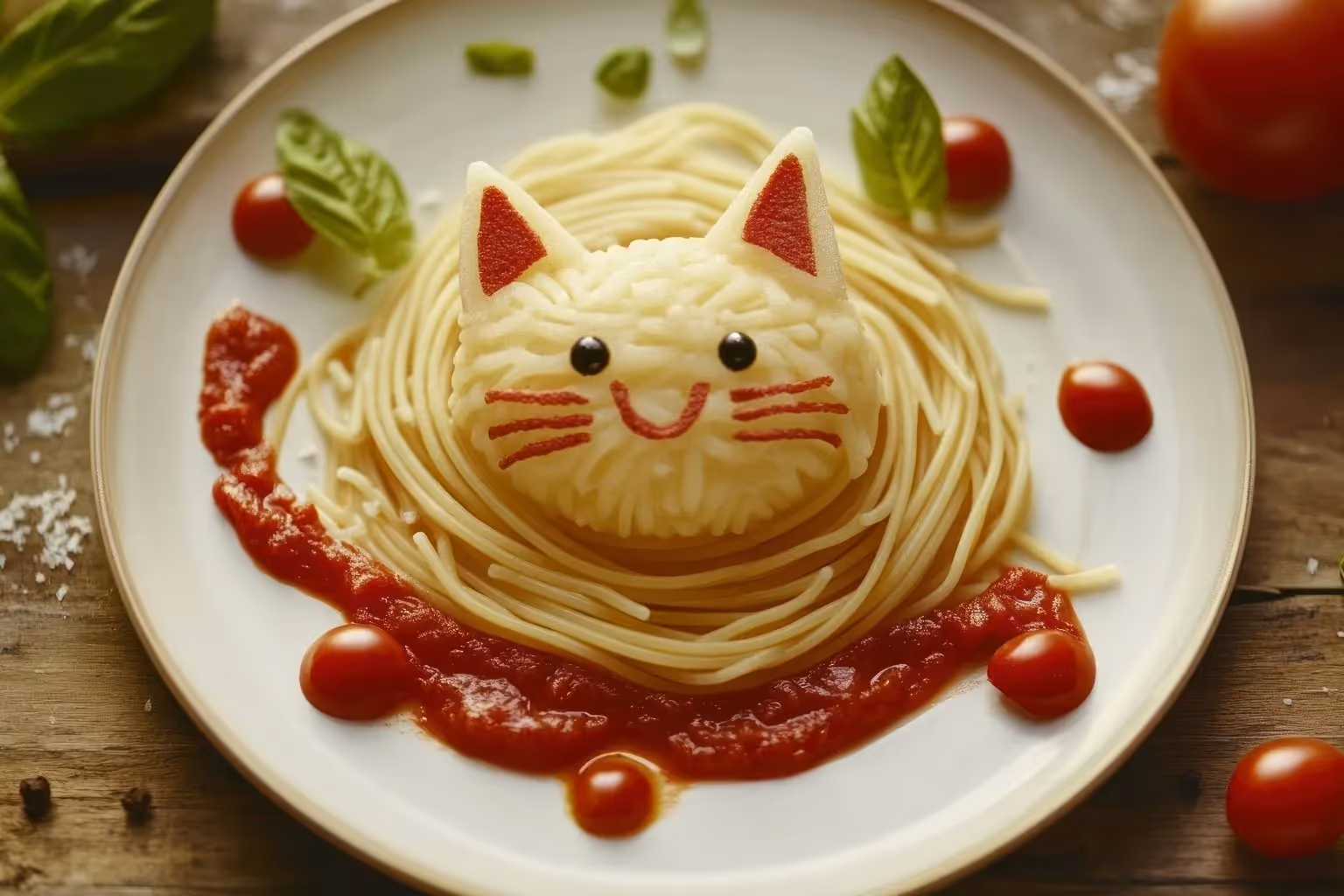  A fun kid-friendly plate of spaghetti styled into a cat face with mashed potatoes, tomato ears, and cherry tomato accents