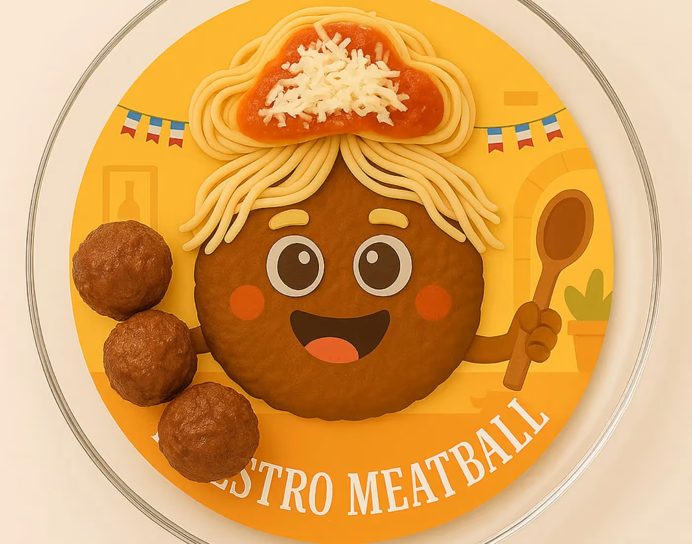 Maestro Meatball plate buddy with spaghetti hair, marinara hat, and meatballs on a clear plate – a fun, interactive mealtime idea for kids from Happy Plate.