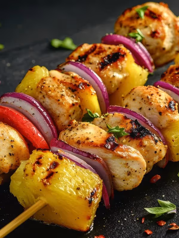 Grilled chicken skewers with pineapple, red onion, and bell peppers, seasoned and cooked to golden perfection.