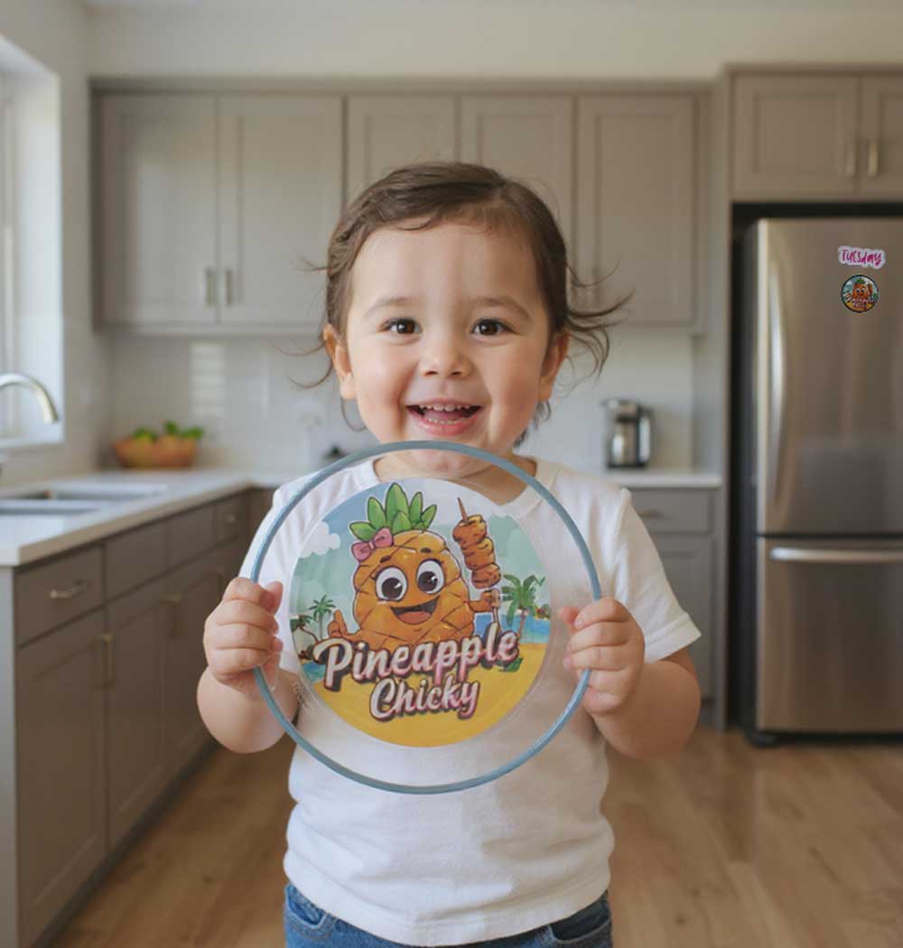 Toddler smiling and holding up a Pineapple Chicky Plate Buddies plate in the kitchen.