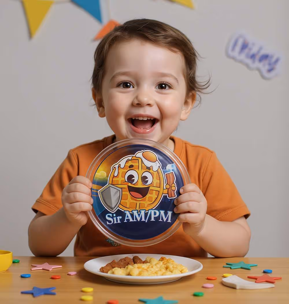 Young child holding a Plate Buddies Sir AM/PM plate with a big smile during breakfast.
