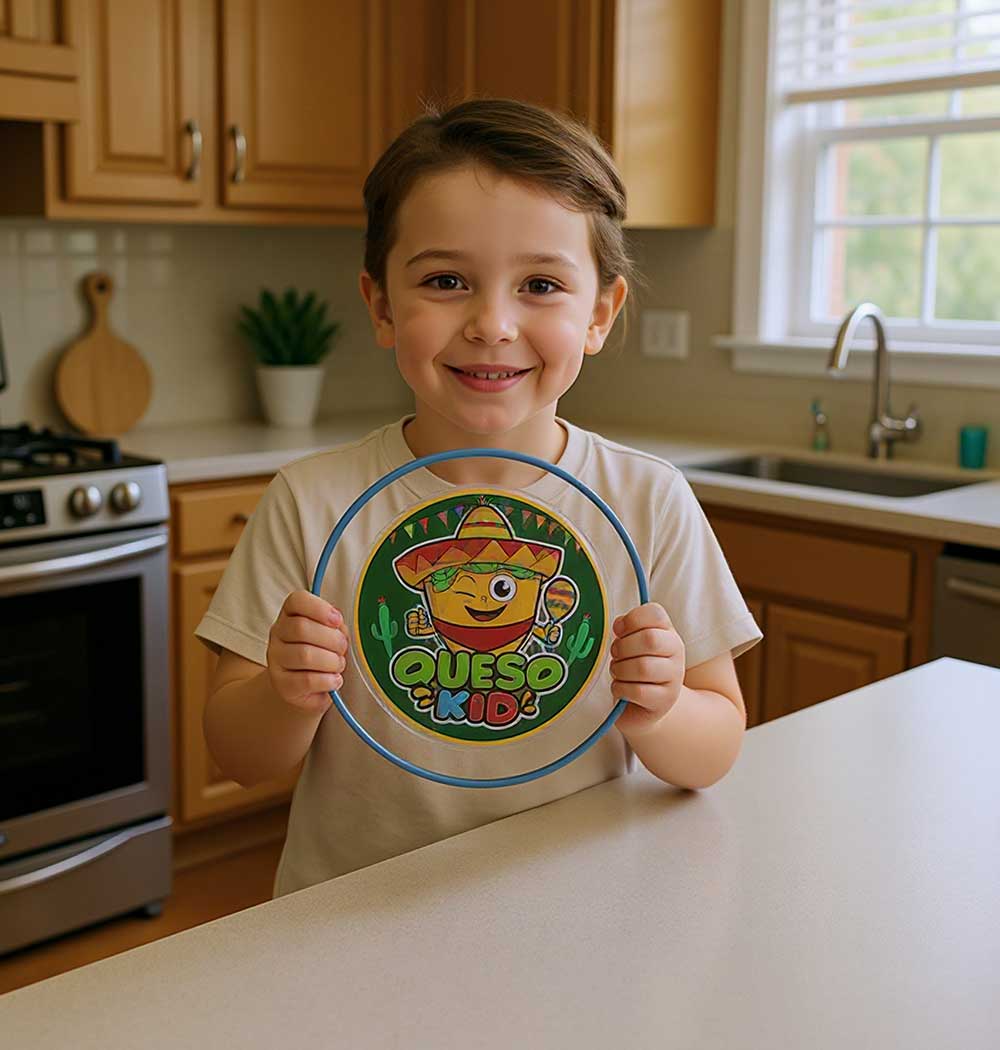 Child proudly holding the Queso Kid Plate Buddies plate at the kitchen counter.