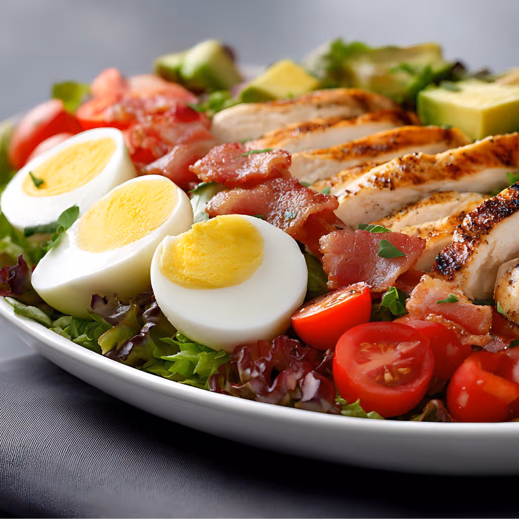 Classic Cobb salad for adults featuring greens, tomatoes, bacon, and egg slices on a white plate.