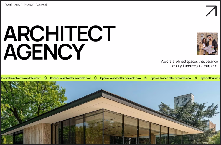 Modern glass-walled building with flat roof surrounded by trees under a clear sky, with website header text 'ARCHITECT AGENCY' and navigation links.