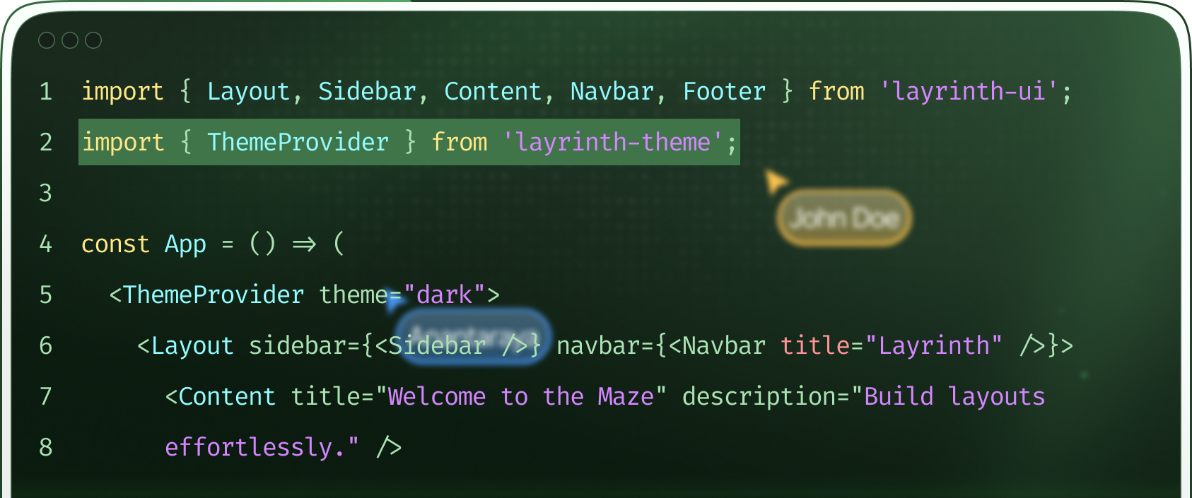 Screenshot of code in a text editor showing a React component importing layout elements and a ThemeProvider, defining an App with a dark theme and layout components.