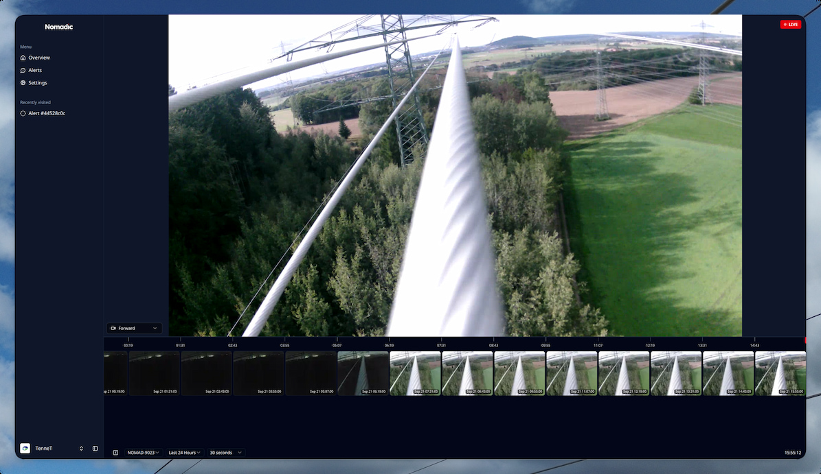 Nomadic dashboard showing a live drone view with sensor data