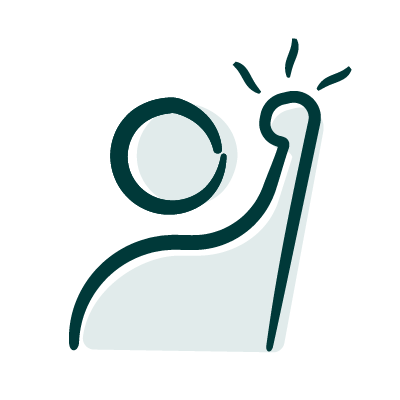 Simplified icon of a person raising their fist in triumph or celebration.