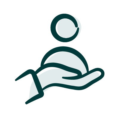 Icon of a hand supporting a person icon, symbolizing support or care.