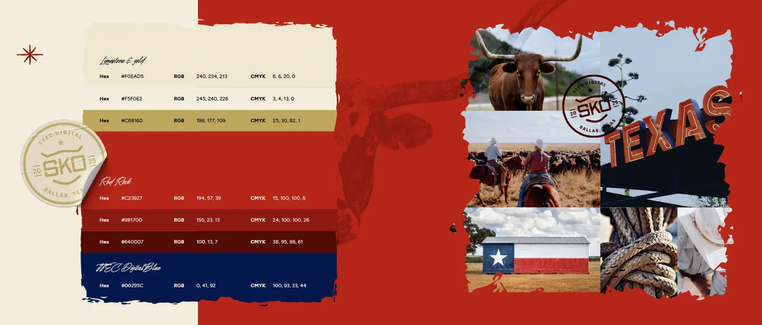 Color palette swatches with Hex, RGB, and CMYK values for lime tone gold, red rock, and TTEC digital blue alongside images of a longhorn, cowboys on horseback, Texas flag barn, ropes, and Texas sign.