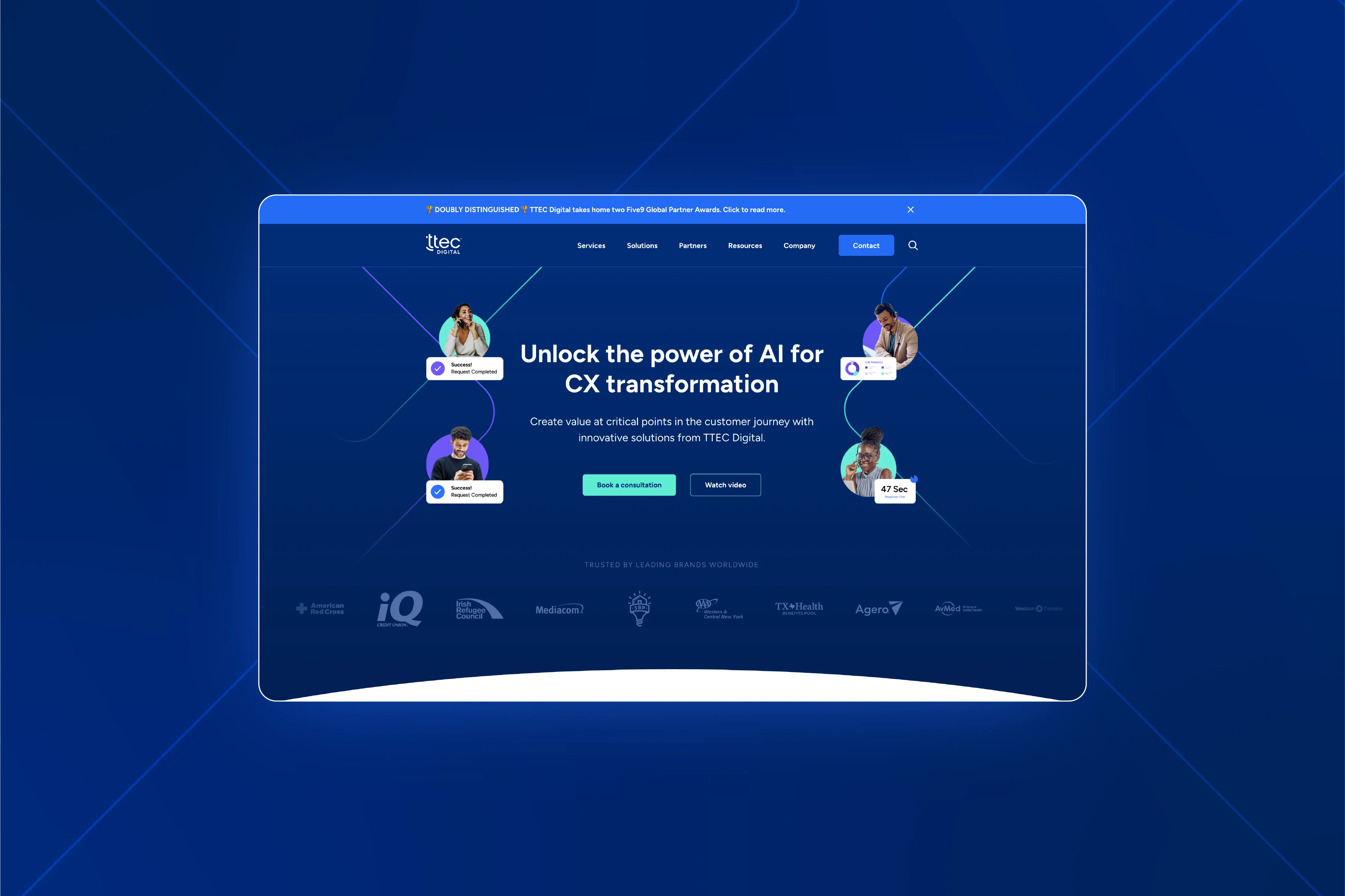 TTEC Digital website mockup displayed in a browser on a dark blue background