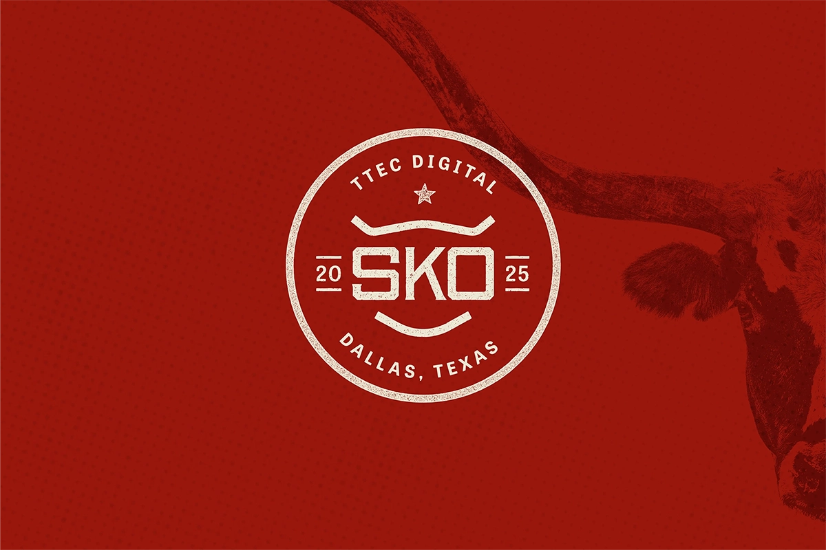 TTEC Digital SKO 2025 badge logo on a red background with abstract ink texture