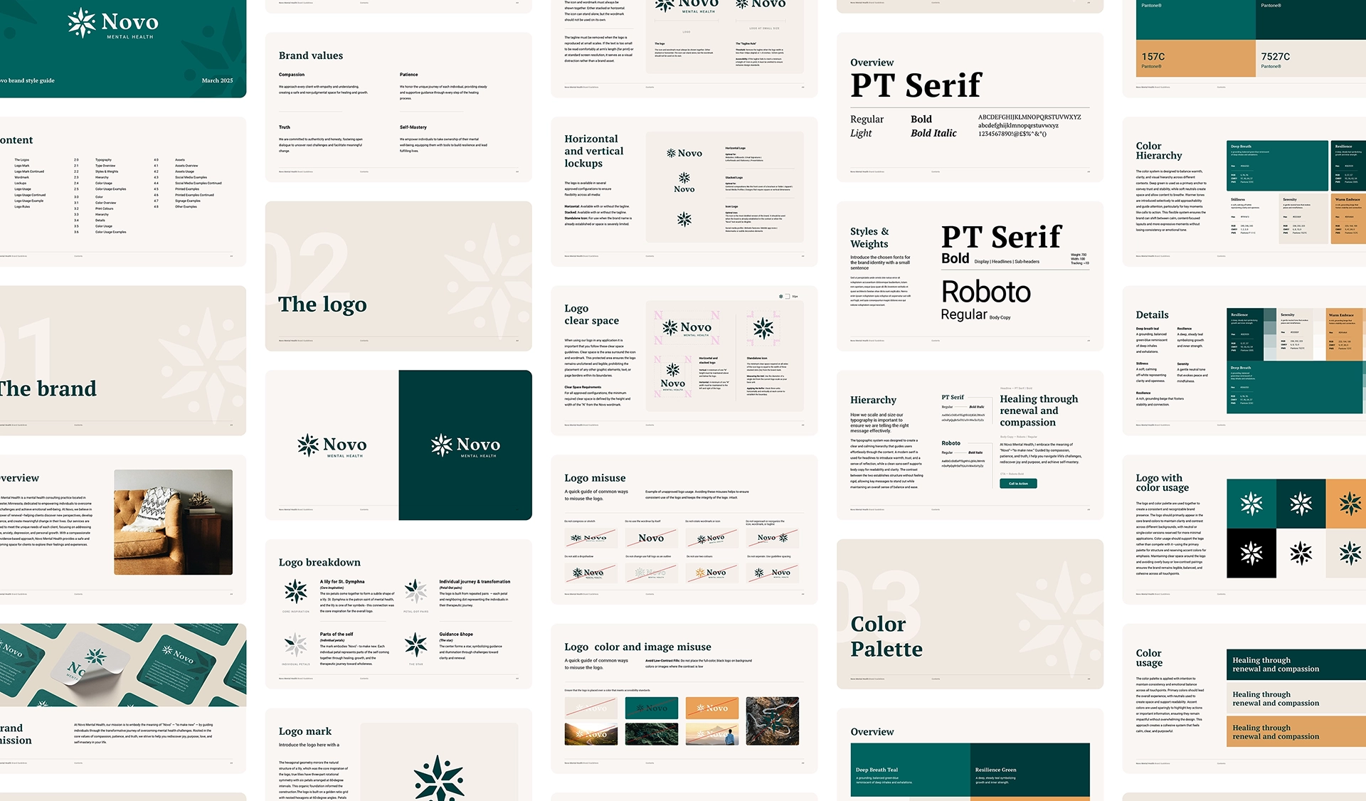 Novo Mental Health brand style guide pages showing logo usage, typography, color palette, brand values, and design details.