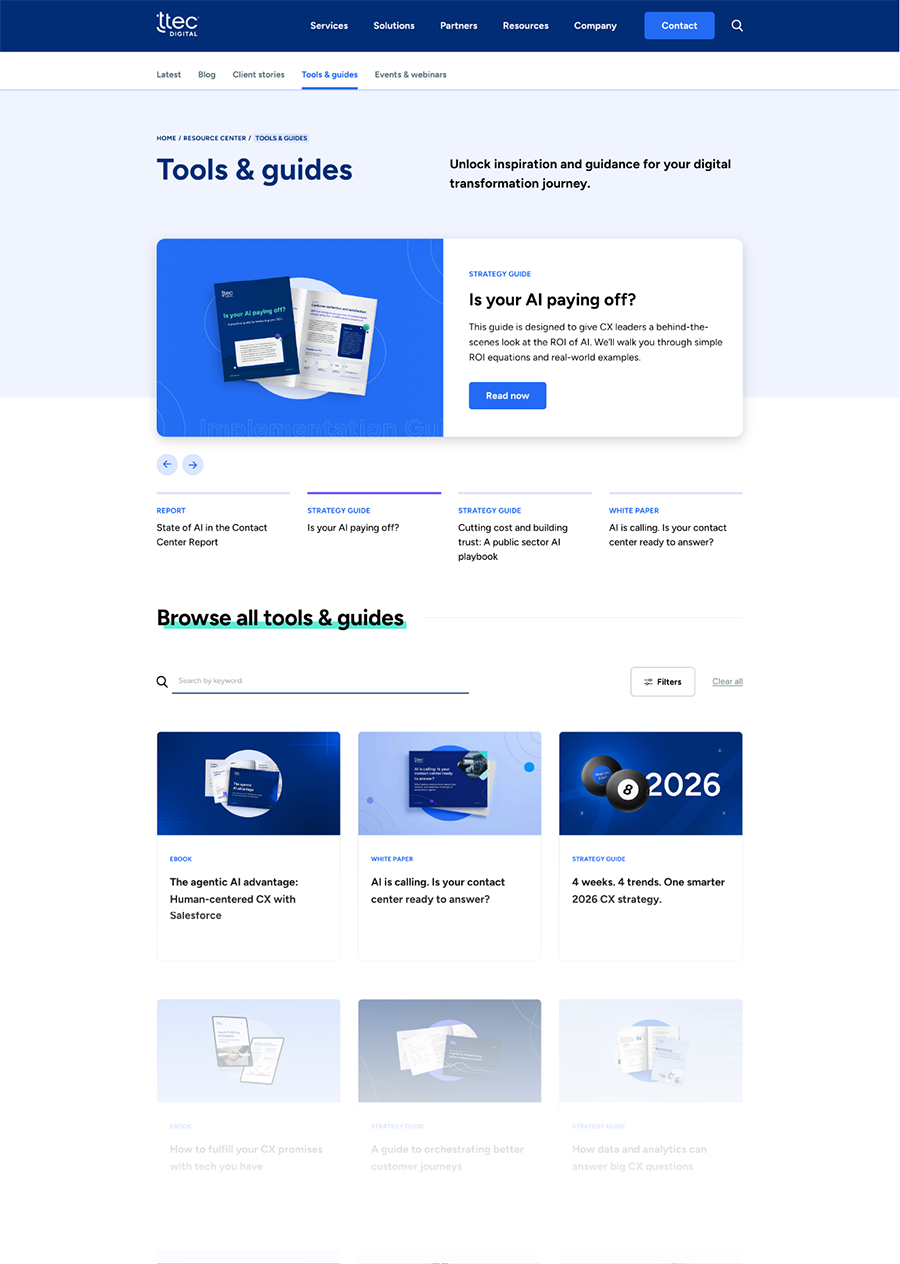 TTEC Digital webpage showing tools and guides on AI, CX strategy, reports, ebooks, and white papers.