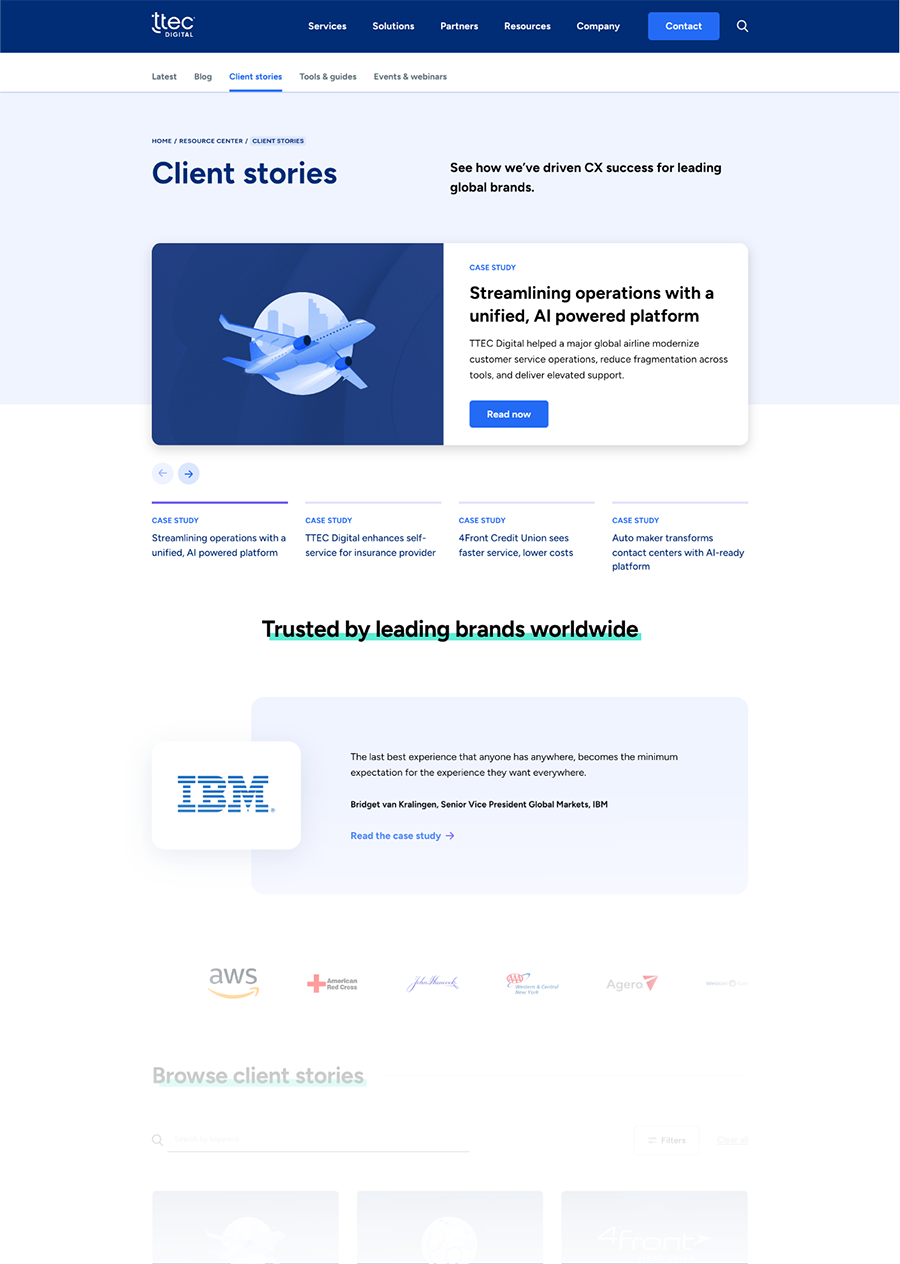 TTEC Digital client stories page showing case studies and logos of trusted brands like IBM and AWS.