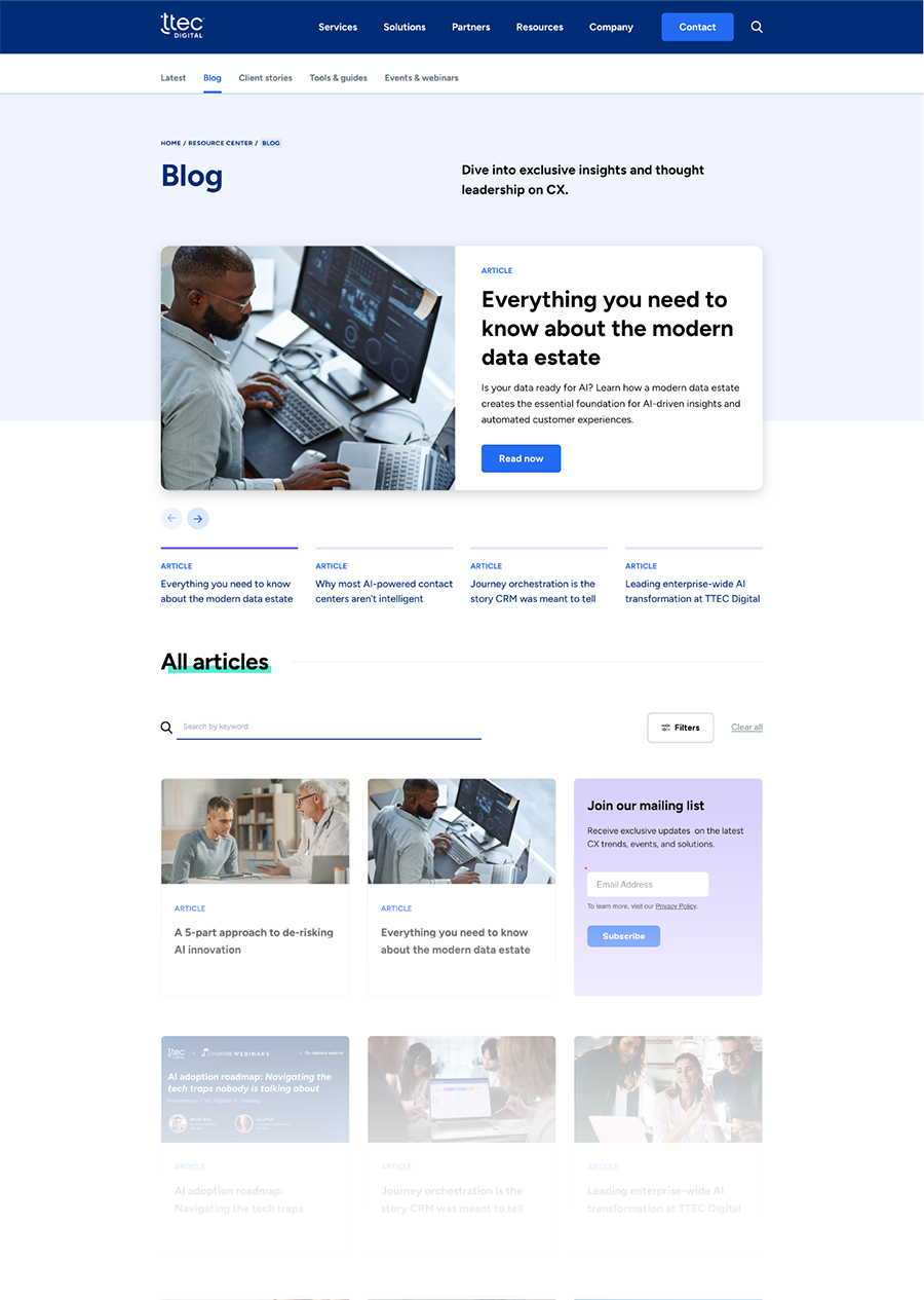 TTEC Digital blog page showing articles on AI, data estates, and CX leadership with images and subscription box.