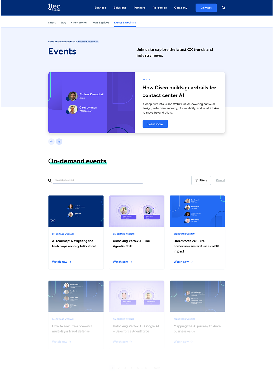 TTEC Digital events page showing on-demand webinars about AI, CX trends, and tech innovations.