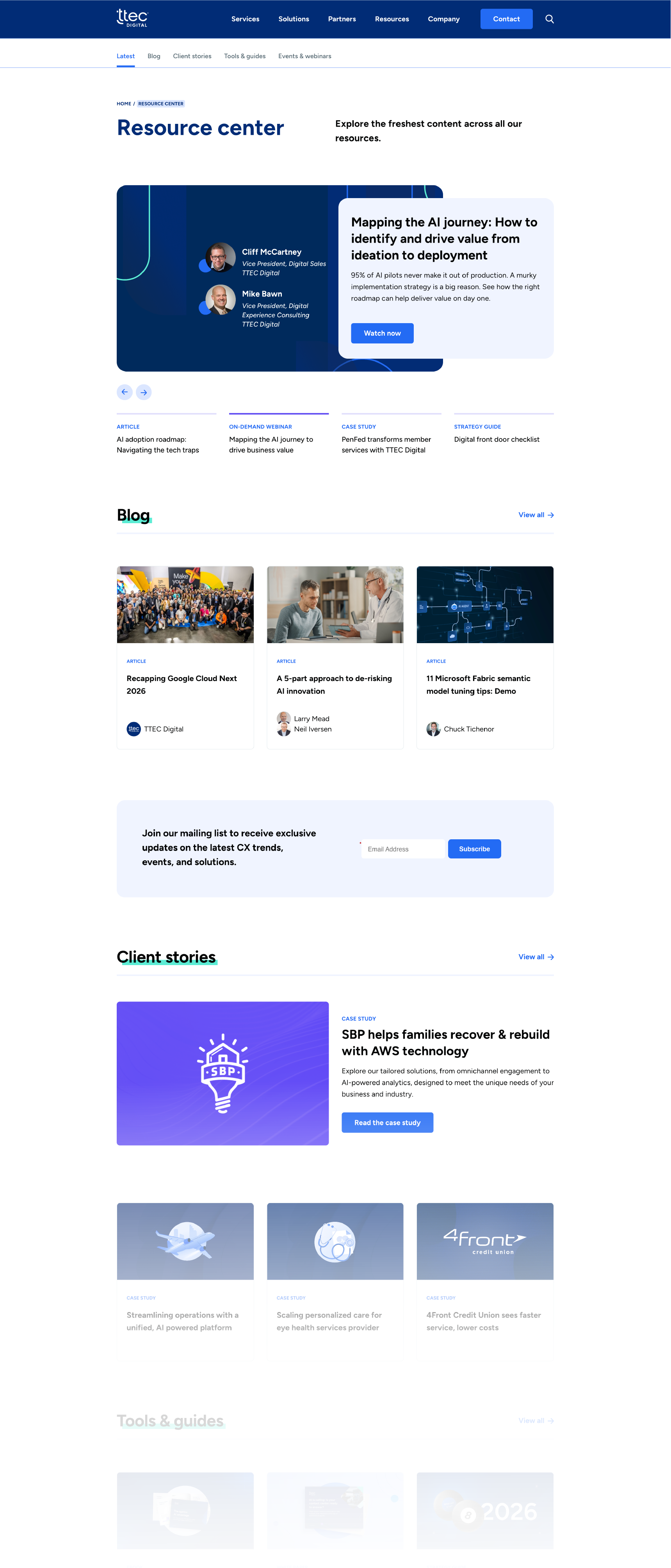 TTEC Digital Resource Center webpage with articles, webinars, client stories, and newsletter sign-up.