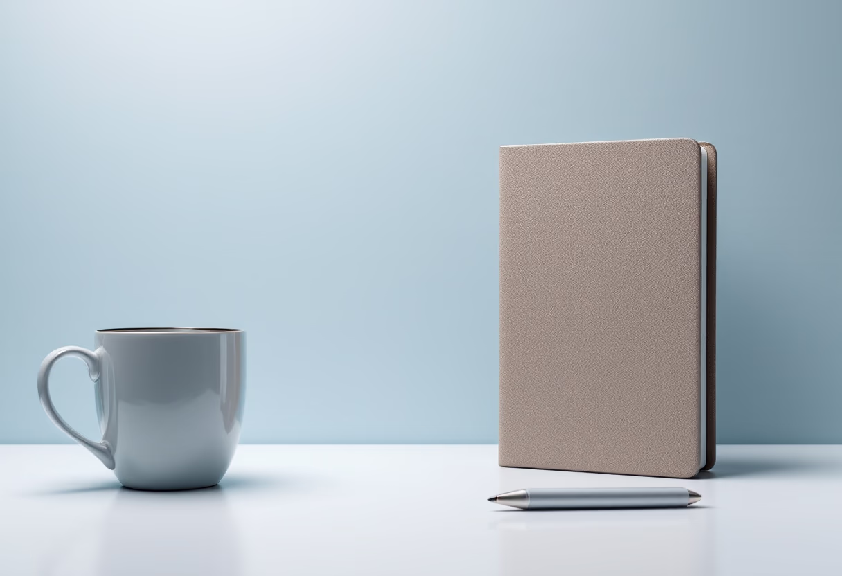 image of a notebook and a coffee cup on a desk
