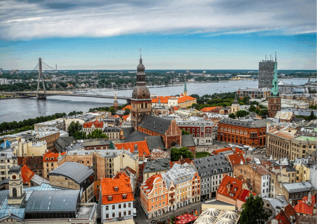 Image shows a city landscape in Latvia.