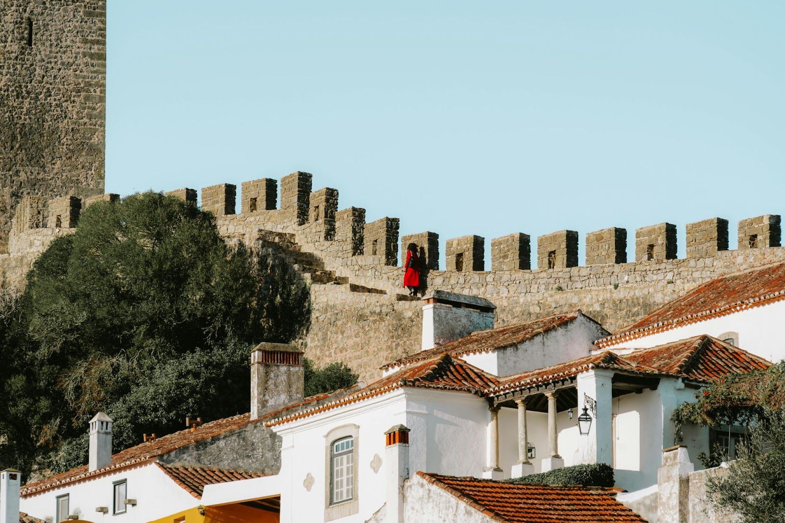 Medieval stone castle walls above white-roofed houses.