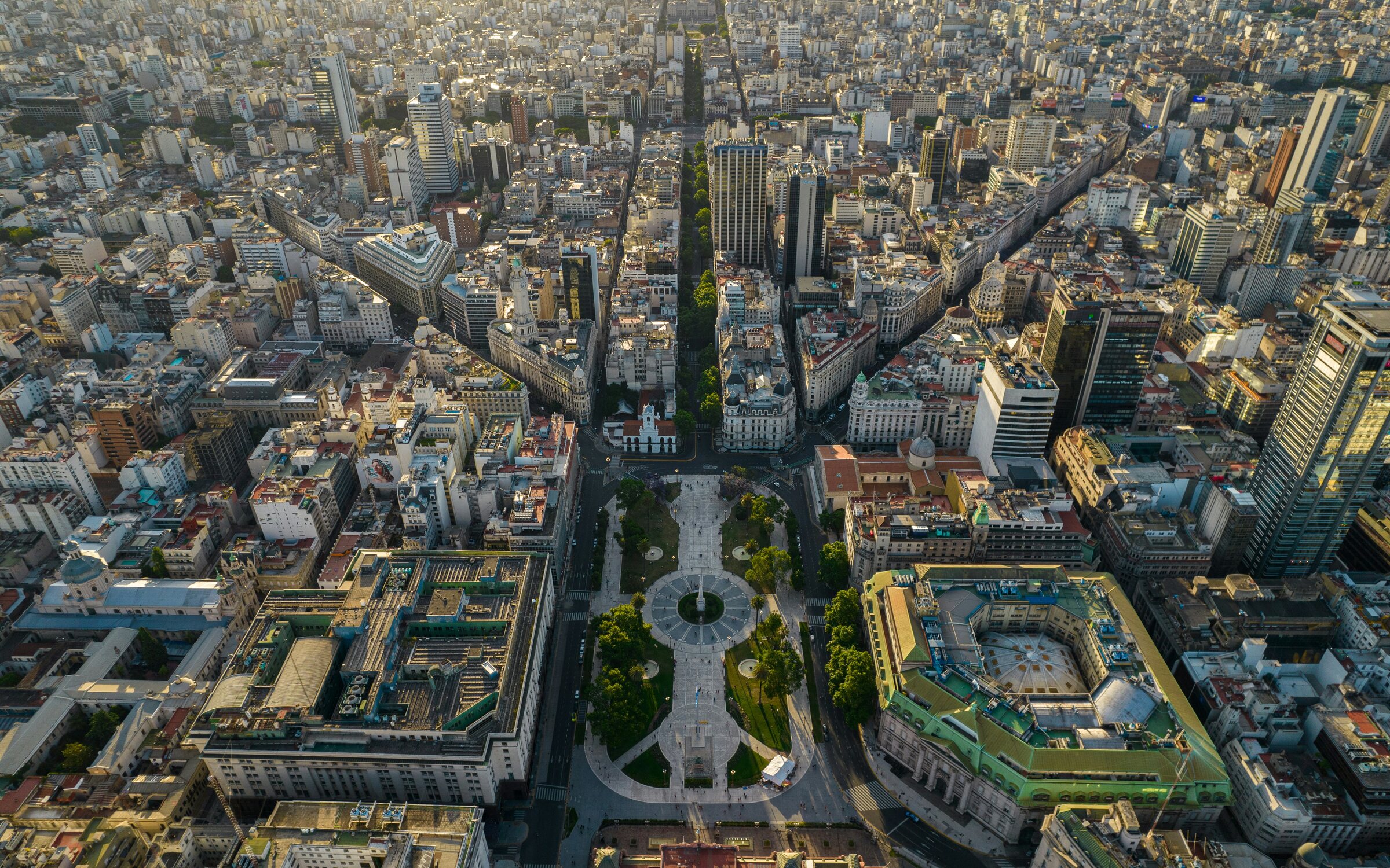 Aerial view of Plaza de Mayo and the avenues of central Buenos Aires at golden hour