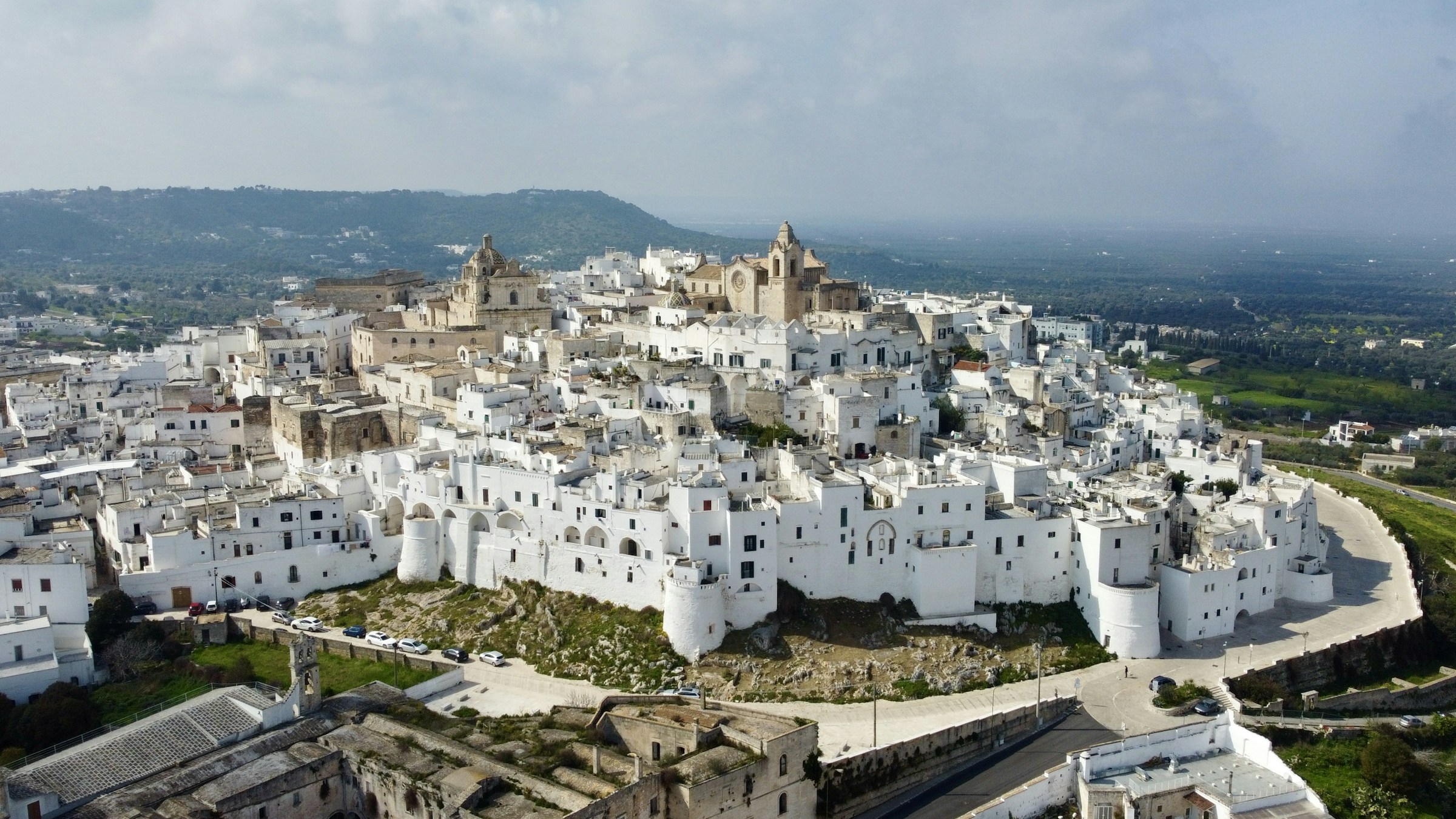 Aerial view of the white town of Ostuni in Puglia, Italy
