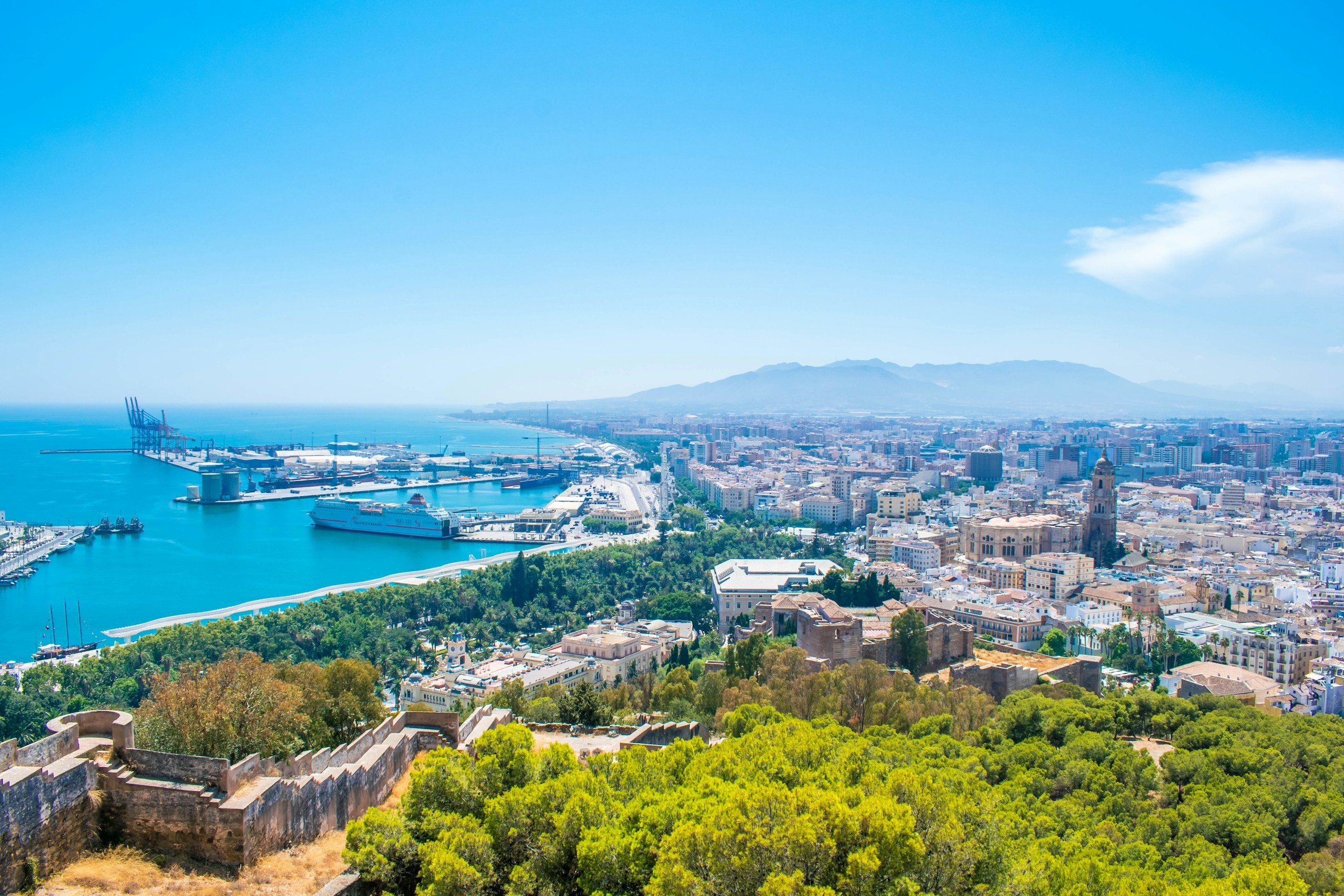 Málaga's port and city centre seen from Gibralfaro, Spain