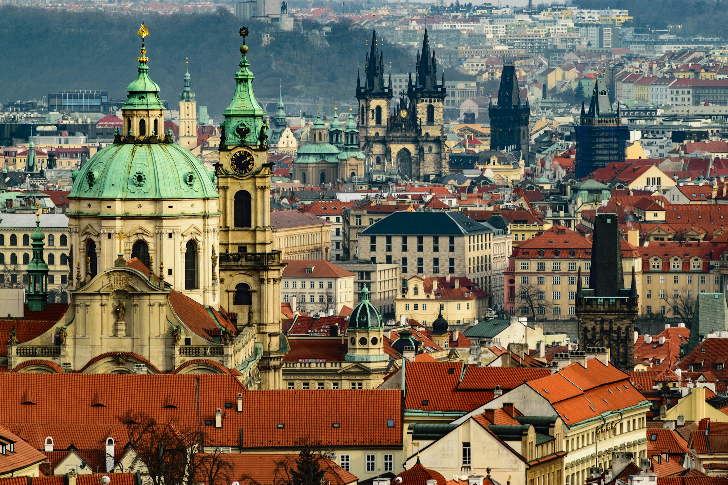 Panorama of Prague's Old Town rooftops and spires, Czech Republic