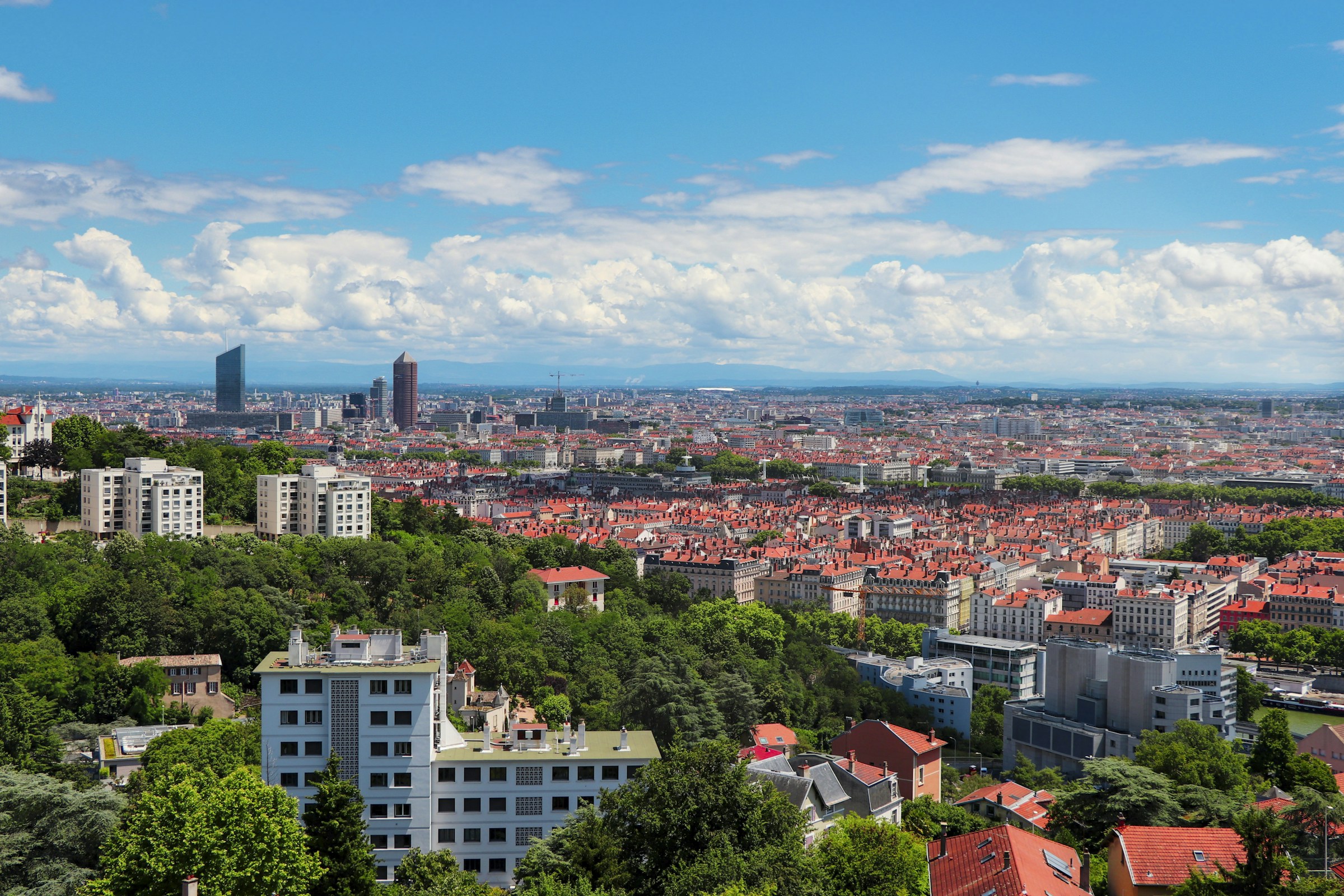 Panorama of Lyon under a blue sky, France