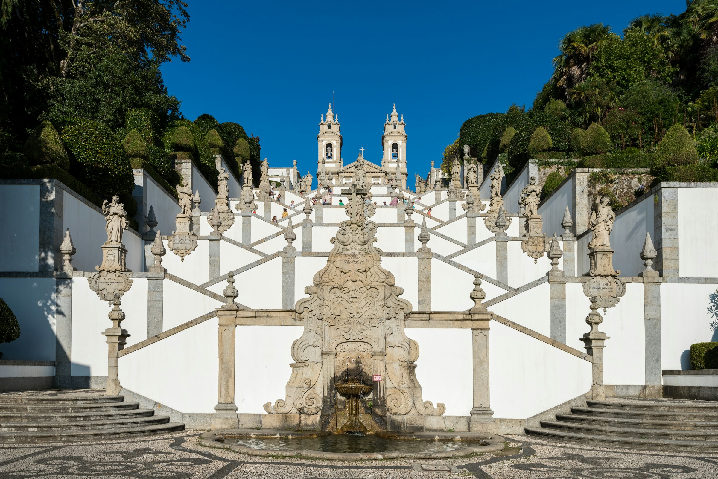 The baroque staircase of Bom Jesus do Monte under a blue sky, Braga, Portugal