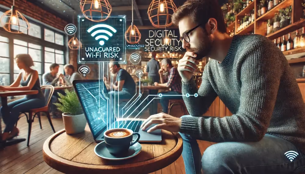 Business professional assessing unsecured Wi-Fi security risks on laptop in coffee shop