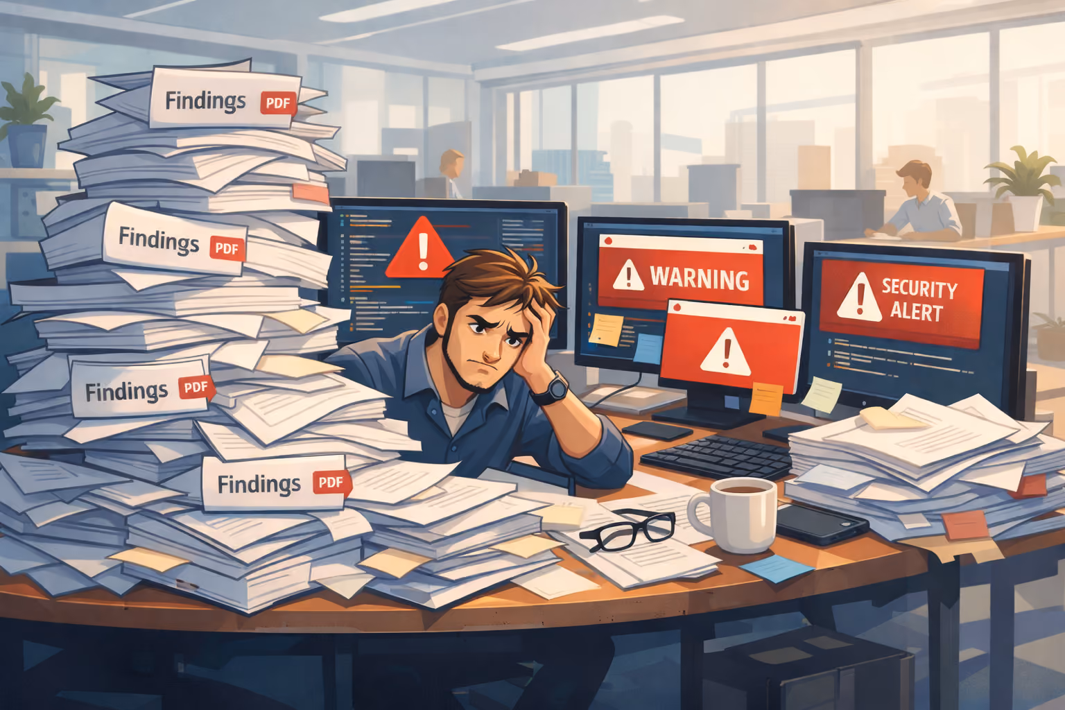 Overwhelmed professional dealing with security vulnerabilities and penetration testing reports