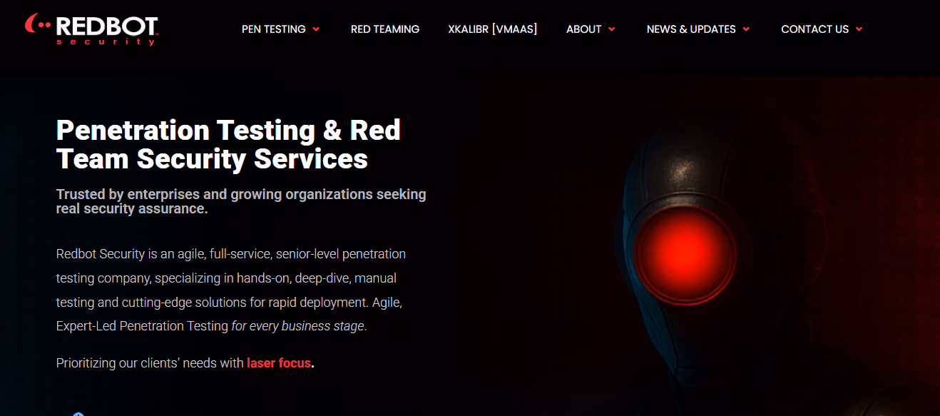 Redbot Security Homepage With Robot Graphic and Security Services