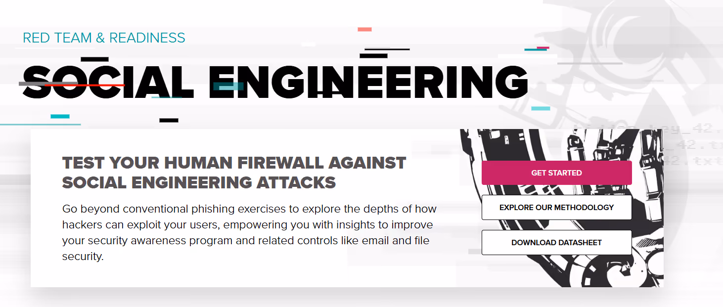 Cybersecurity service landing page for Red Team Readiness and Social Engineering testing