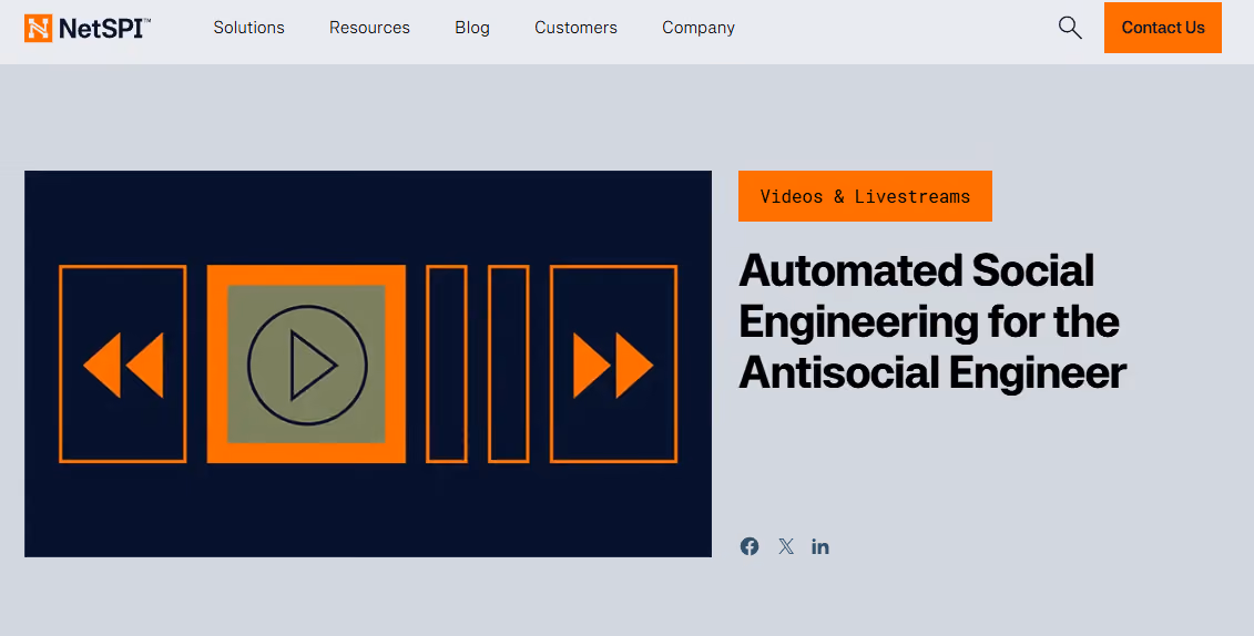 NetSPI webinar page titled Automated Social Engineering for the Antisocial Engineer