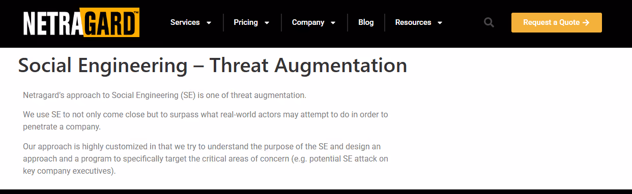 Netragard social engineering threat augmentation service webpage