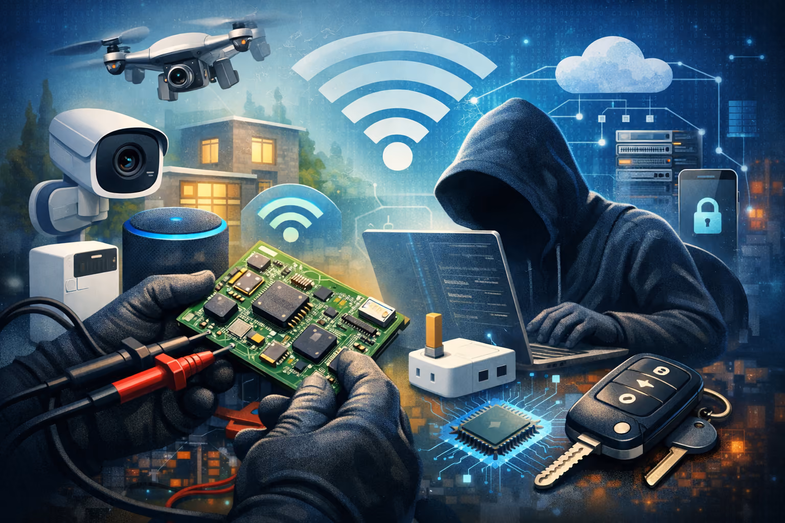 Cyber attack illustration with hacker, drone, security camera, and connected devices