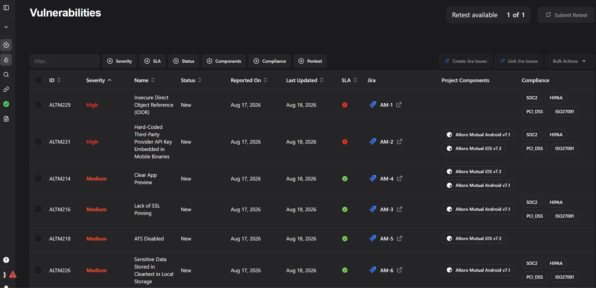 Vulnerabilities list showing the Compliance column with framework labels per vulnerability