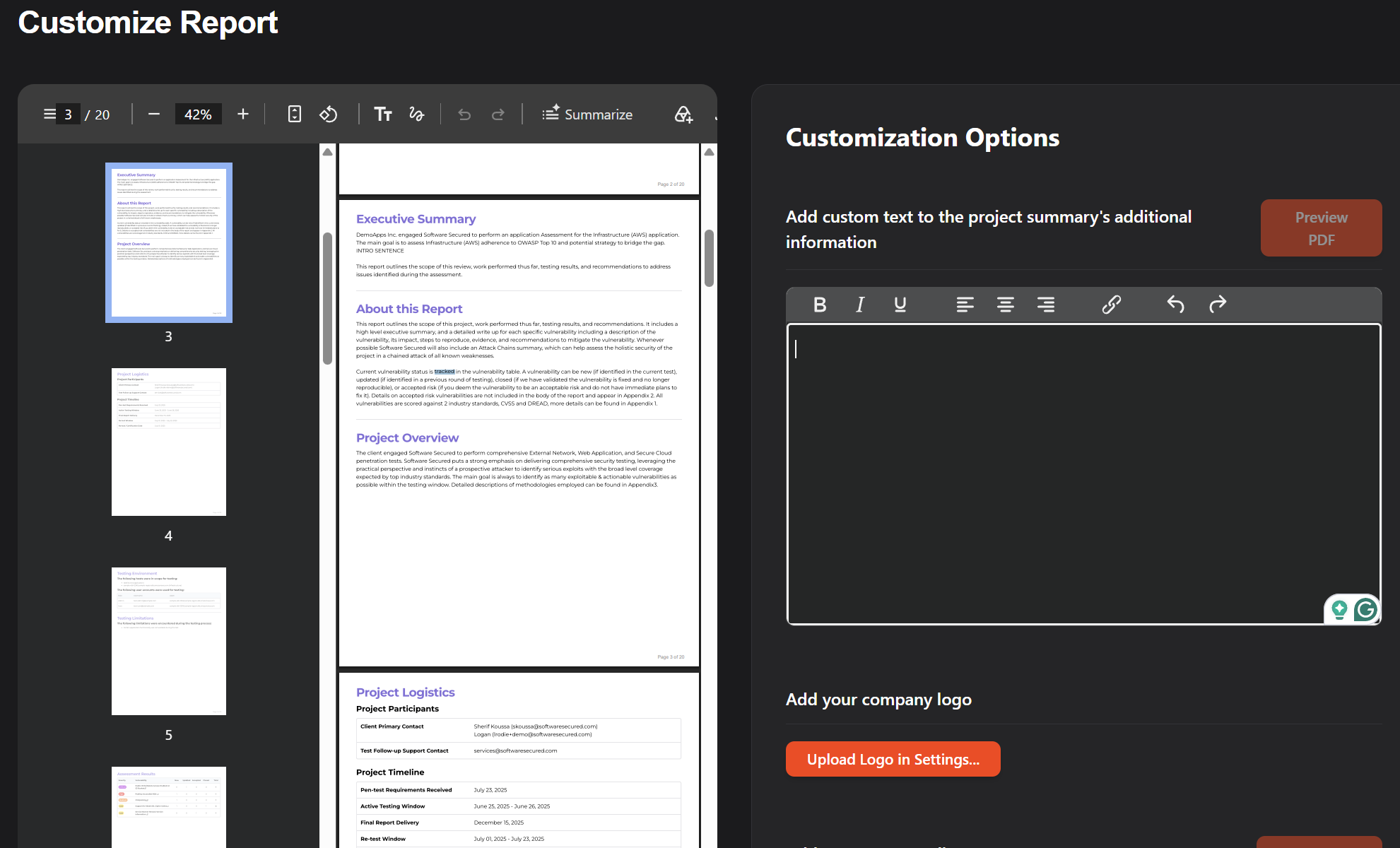 Customize the report panel to show the Additional Information text editor and logo upload.
