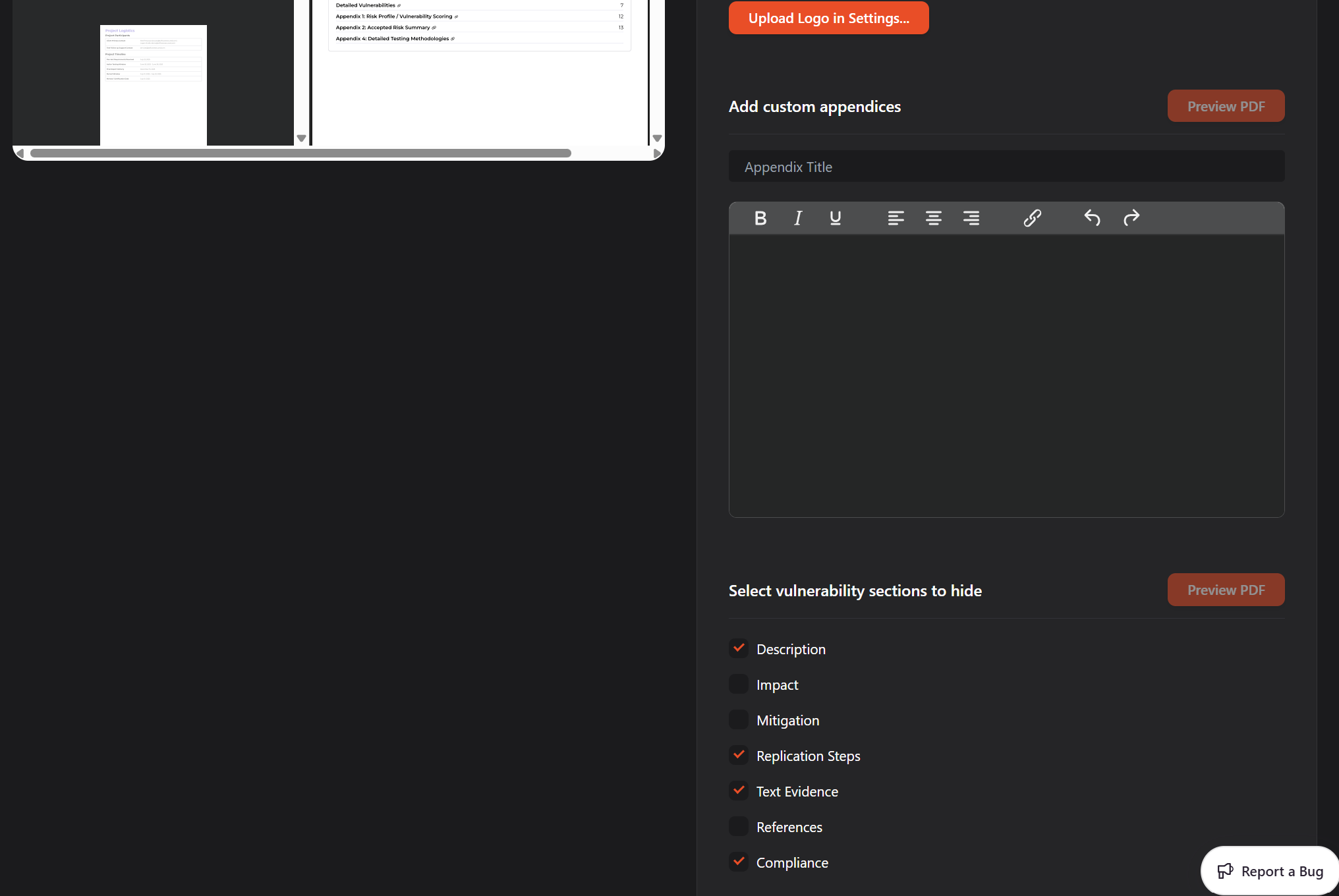 Panel showing which vulnerability sections are checked to hide, next to a sample vulnerability detail page.