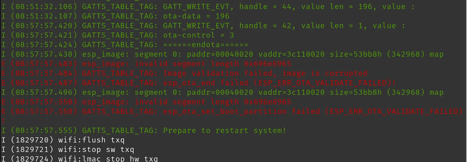 OTA firmware update failure and image validation error