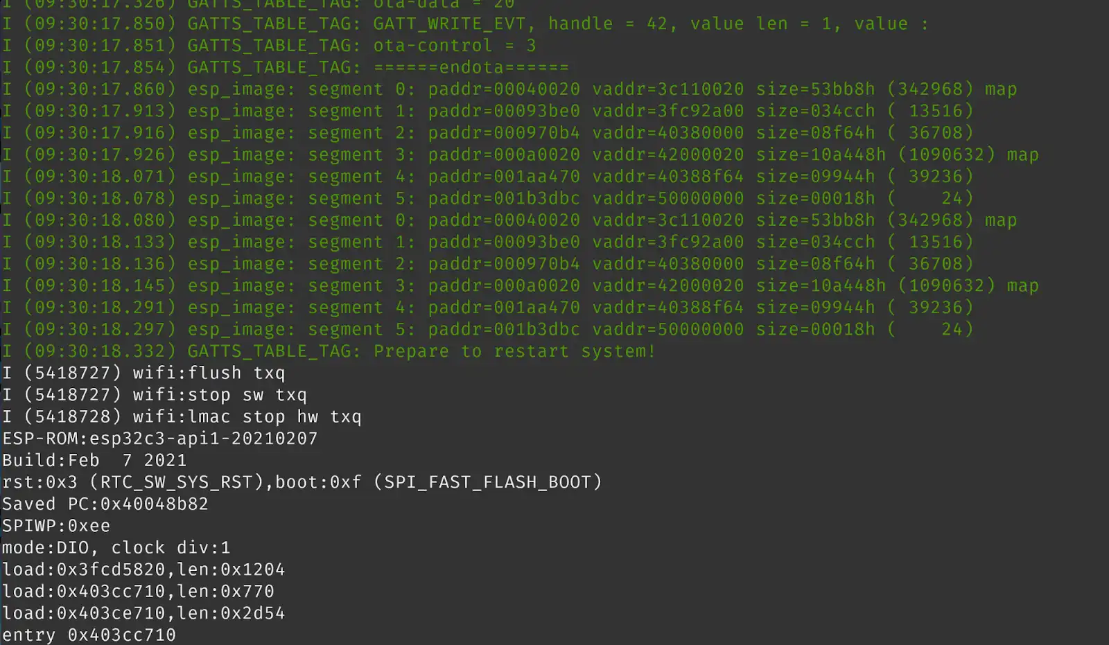 ESP32 firmware boot log and memory dump