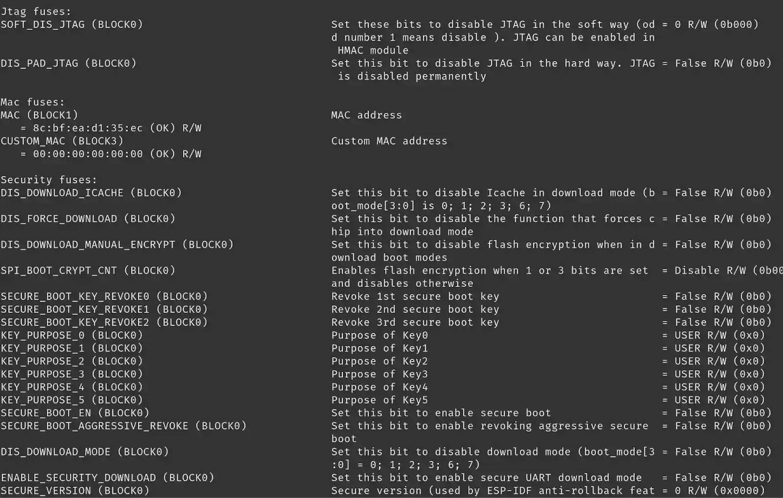 Screenshot of hardware security fuse configuration panel with JTAG protection