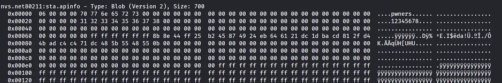 Security hex dump from manual penetration testing