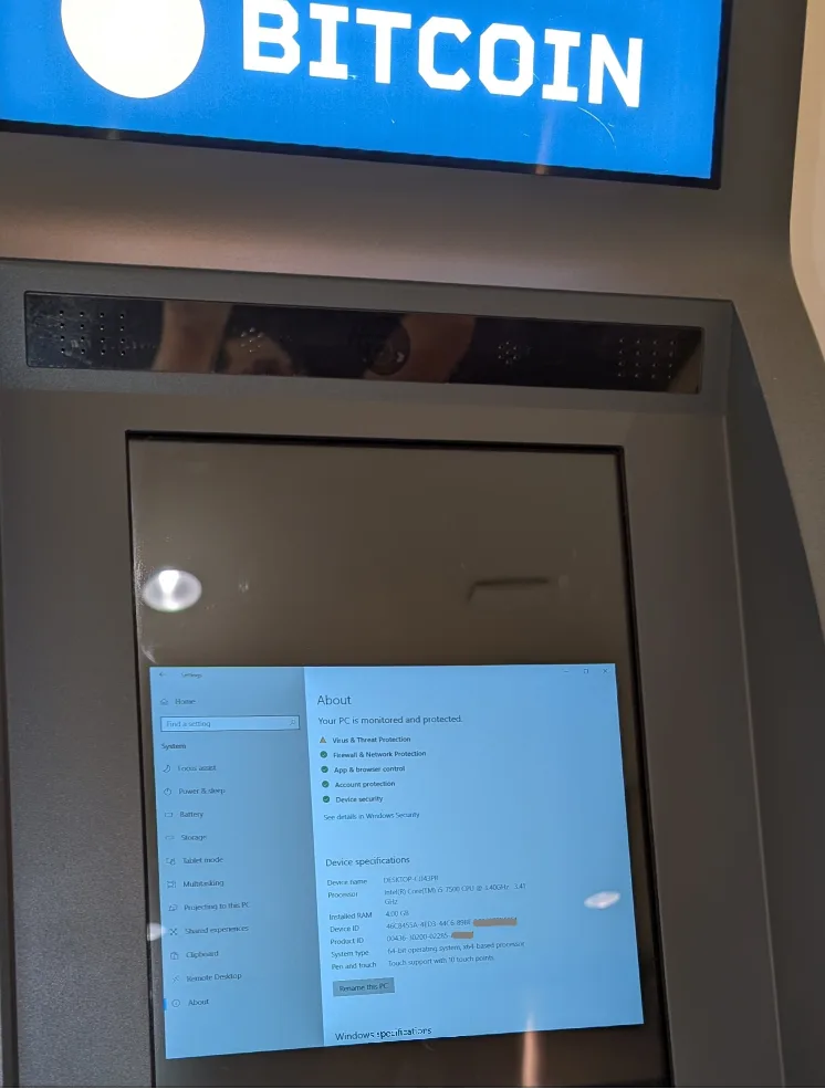 Secure Bitcoin ATM running protected Windows system
